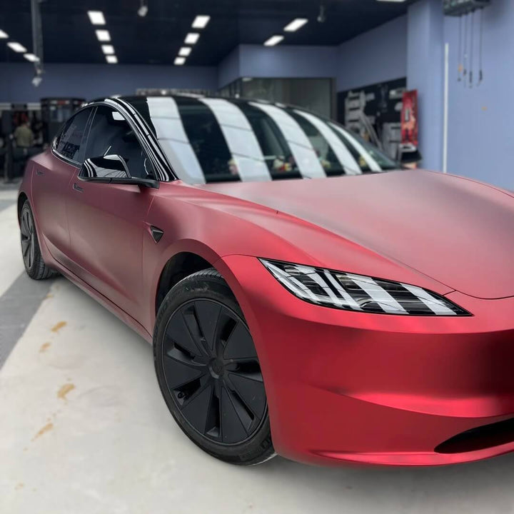 Satin Chrome Romanee Red Vinyl Wrap full look