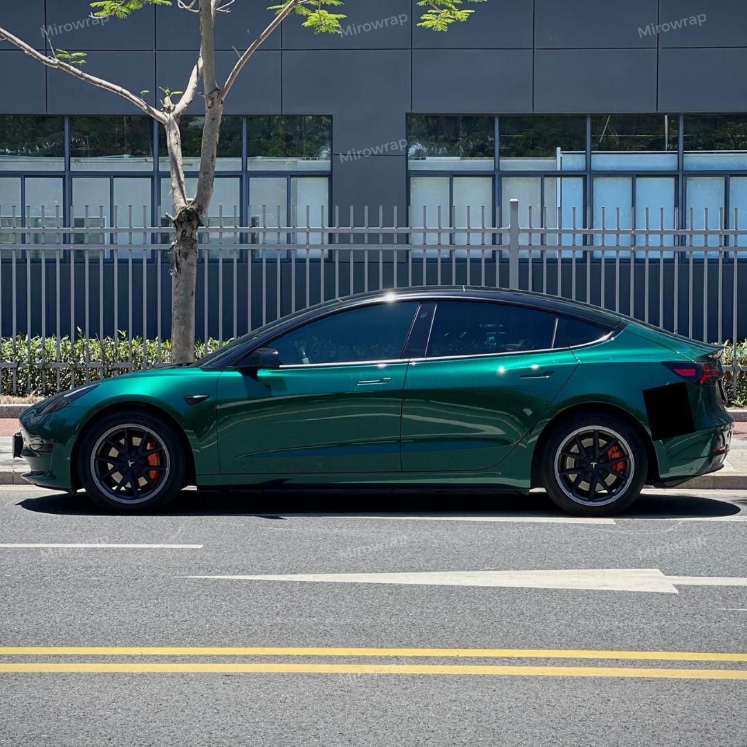 Gloss Metallic Agate Green Vinyl Wrap tesla side look