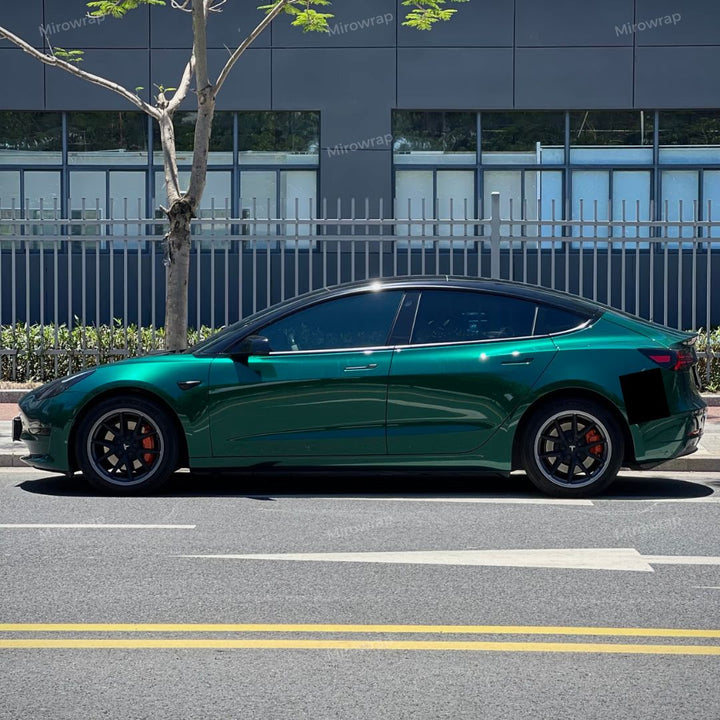 Gloss Metallic Agate Green Vinyl Wrap tesla side look