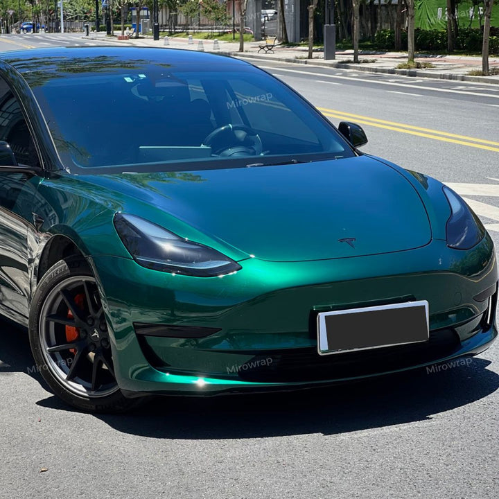 Gloss Metallic Agate Green Vinyl Wrap tesla model 3 hood